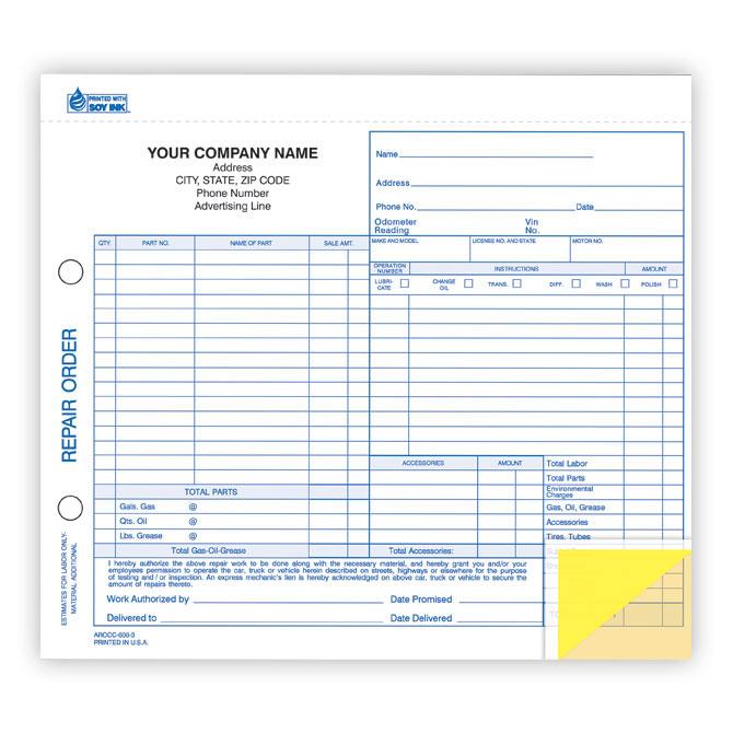 AROCC-600-3 | Automotive Repair Work Order, 3 Part Carbonless Invoice 8 5 X 7