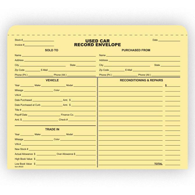Used Car Record Envelope (100 Per Box) Sales Department Georgia Independent Auto Dealers Association Store