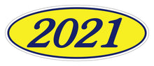 Load image into Gallery viewer, Oval Year Window Stickers Sales Department Georgia Independent Auto Dealers Association Store 2021 Navy Blue on Yellow
