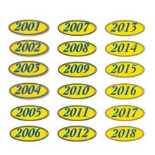 Load image into Gallery viewer, Oval Year Window Stickers Sales Department Georgia Independent Auto Dealers Association Store 2001 Navy Blue on Yellow
