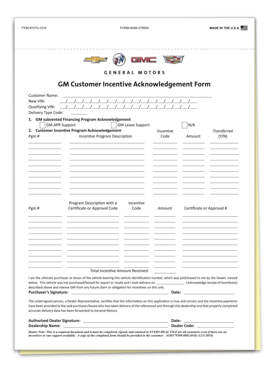 GM Customer Incentive & OnStar Acknowledgement Office Forms Georgia Independent Auto Dealers Association Store