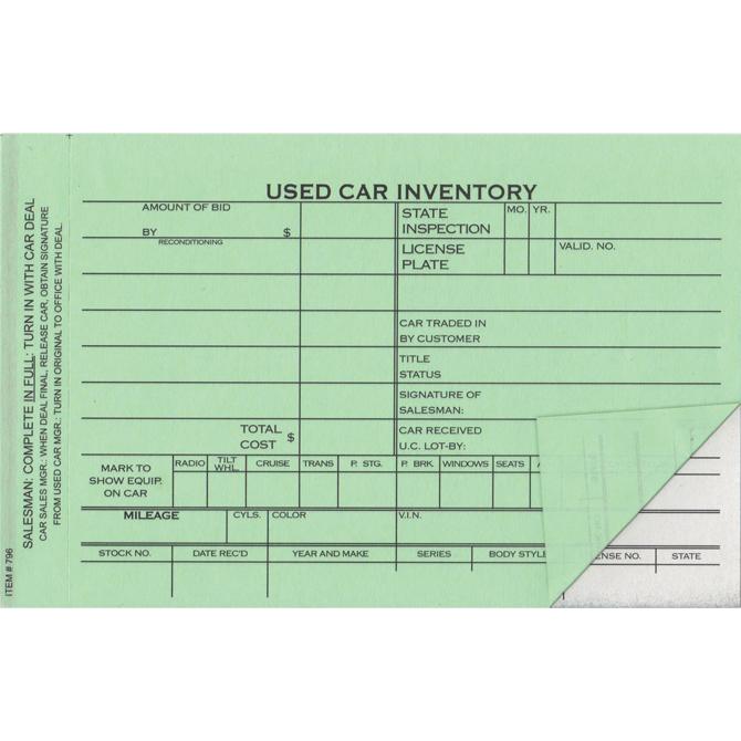 Used Car Inventory Card Office Forms Georgia Independent Auto Dealers Association Store