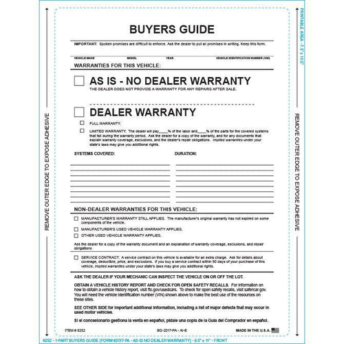 PEEL n SEAL™ 1-Part Buyers Guide - As Is Sales Department Georgia Independent Auto Dealers Association Store