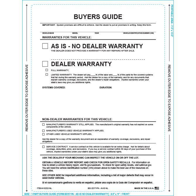 PEEL n SEAL™ 1-Part Buyers Guide - As Is - No Lines Sales Department Georgia Independent Auto Dealers Association Store