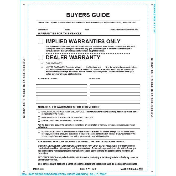 PEEL n SEAL™ 1-Part Buyers Guide - Implied Warranty Sales Department Georgia Independent Auto Dealers Association Store