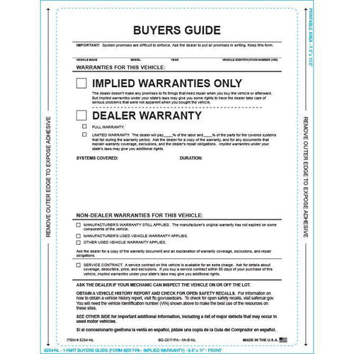 PEEL n SEAL™ 1-Part Buyers Guide - Implied Warranty - No Lines Sales Department Georgia Independent Auto Dealers Association Store