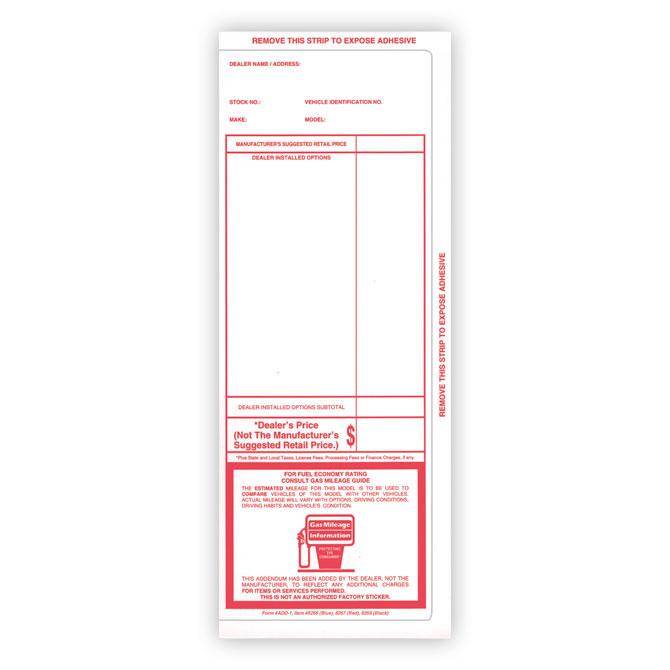 Imprinted Stock Addendum Stickers (Adhesive) Sales Department Georgia Independent Auto Dealers Association Store Red