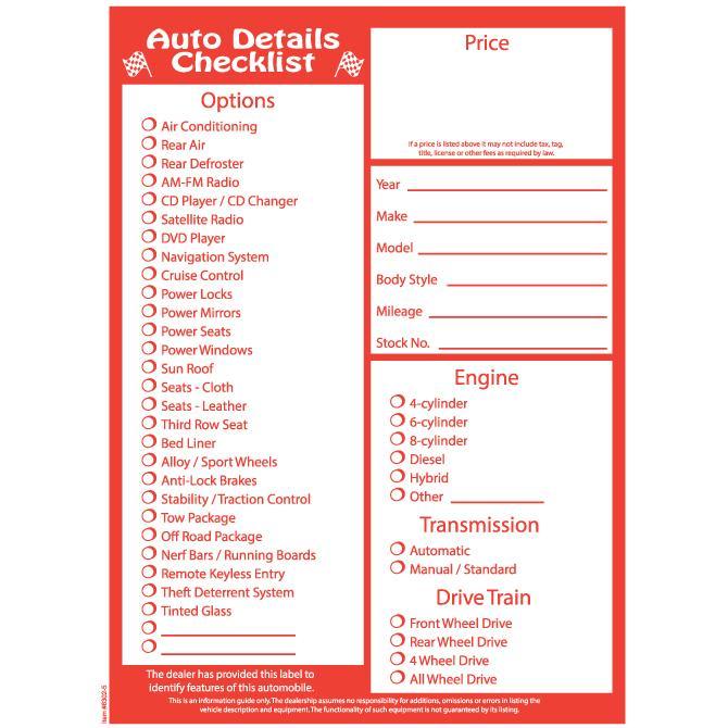 PEEL n SEAL™ Stock Laser Window Stickers - Red Checklist Sales Department Georgia Independent Auto Dealers Association Store