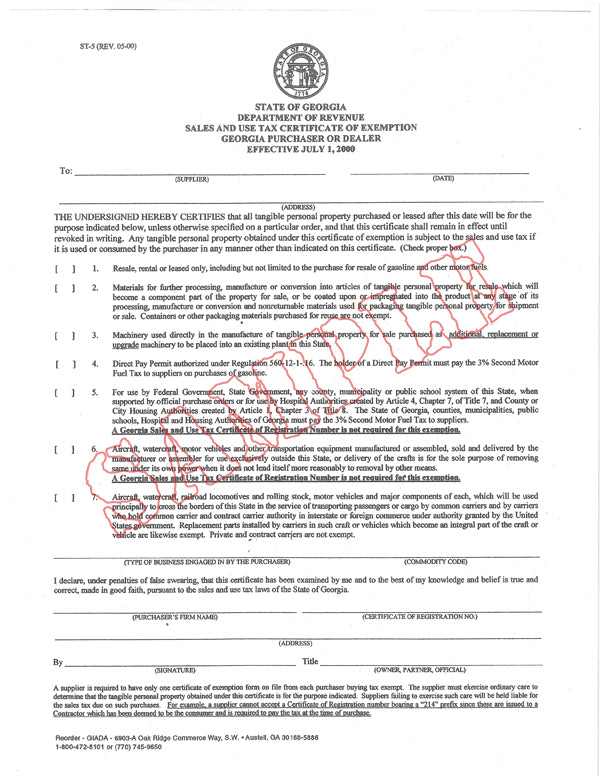 Certificate of Exemption (GA Dealer)