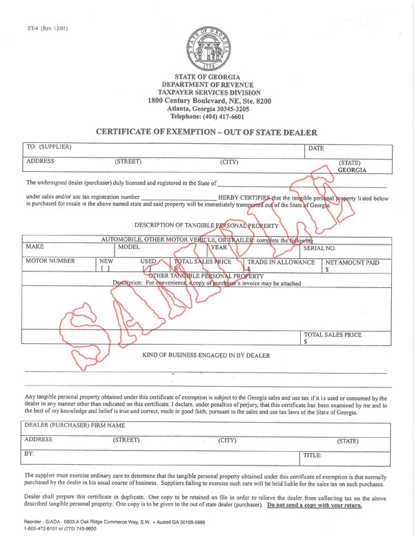 Certificate of Exemption (Out of State Dealer)