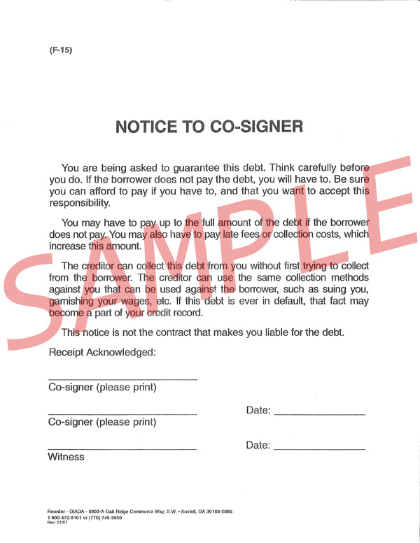 Sample Co Signee Note Notice to Co-Signer – Georgia Independent Automobile Dealers ...